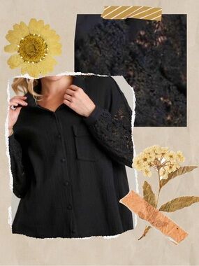 Umgee Black Gauze Button-Up crochet sleeves shirt with Pocket and raw seems